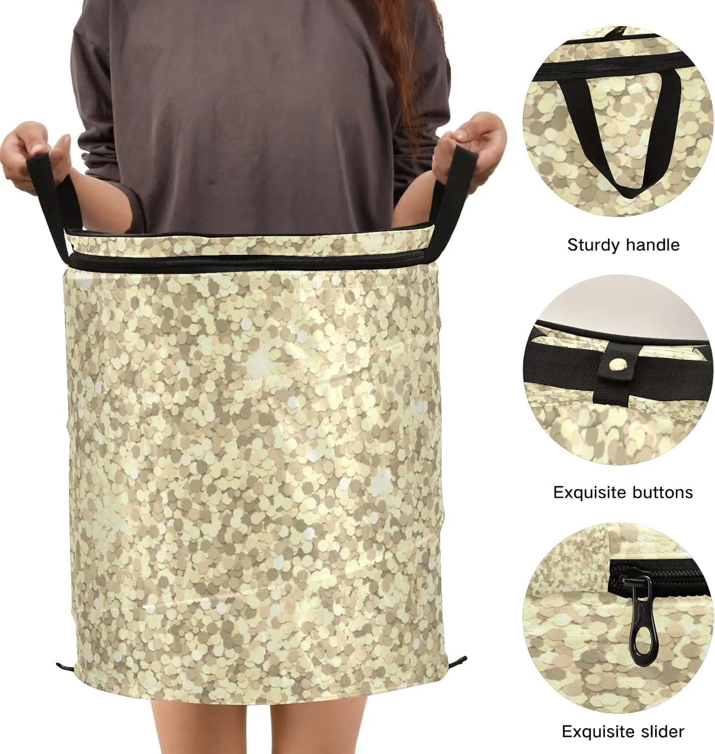 Poeticcity Golden Shiny Gold Glittering Background Yellow Holiday Tinsel Pop Up Laundry Hamper, Collapsible Dirty Clothes Basket with Zipper Lid, Storage Bag Washing Bin for Room College Dorm Travel