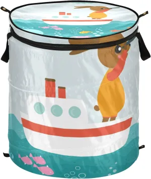 Poeticcity Rabbit Hare on Ship Dolphin Sea Turtle Fishes Octopus Ocean Pop Up Laundry Hamper, Collapsible Dirty Clothes Basket with Zipper Lid, Storage Bag Washing Bin for Room College Dorm Travel