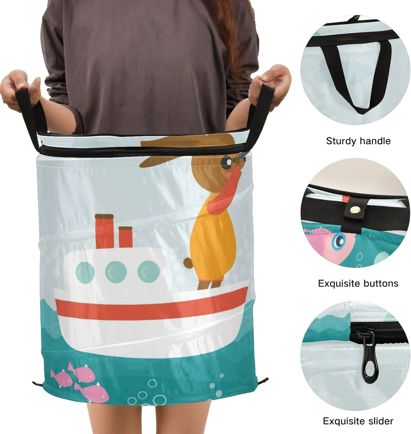 Poeticcity Rabbit Hare on Ship Dolphin Sea Turtle Fishes Octopus Ocean Pop Up Laundry Hamper, Collapsible Dirty Clothes Basket with Zipper Lid, Storage Bag Washing Bin for Room College Dorm Travel
