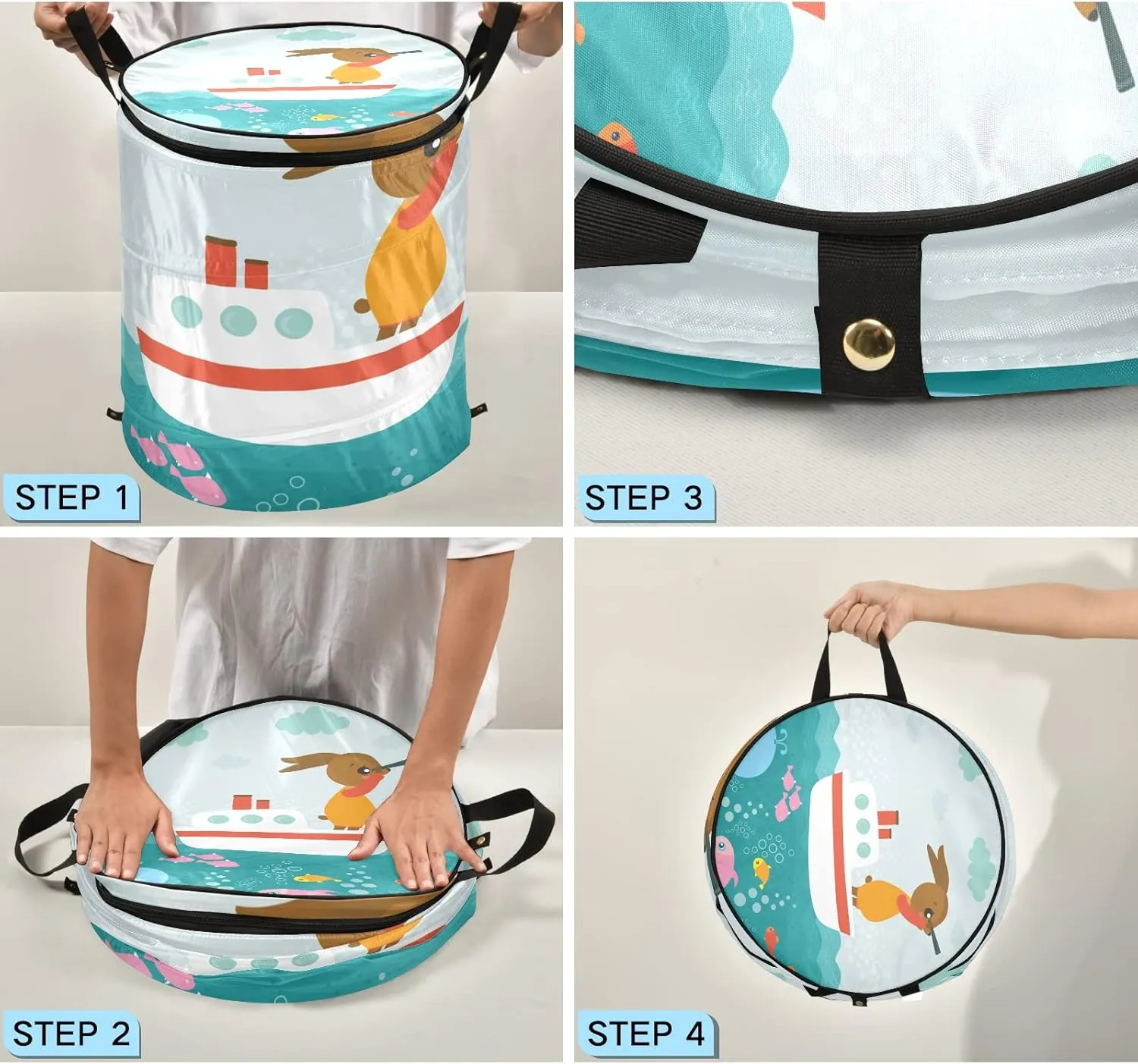 Poeticcity Rabbit Hare on Ship Dolphin Sea Turtle Fishes Octopus Ocean Pop Up Laundry Hamper, Collapsible Dirty Clothes Basket with Zipper Lid, Storage Bag Washing Bin for Room College Dorm Travel