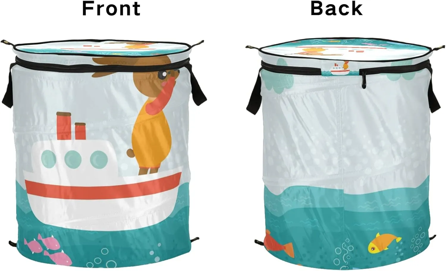 Poeticcity Rabbit Hare on Ship Dolphin Sea Turtle Fishes Octopus Ocean Pop Up Laundry Hamper, Collapsible Dirty Clothes Basket with Zipper Lid, Storage Bag Washing Bin for Room College Dorm Travel