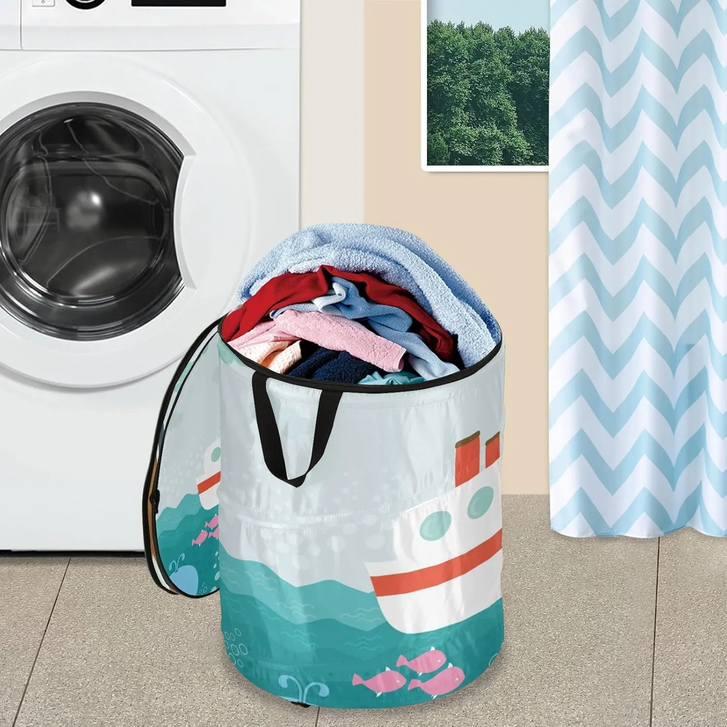 Poeticcity Rabbit Hare on Ship Dolphin Sea Turtle Fishes Octopus Ocean Pop Up Laundry Hamper, Collapsible Dirty Clothes Basket with Zipper Lid, Storage Bag Washing Bin for Room College Dorm Travel