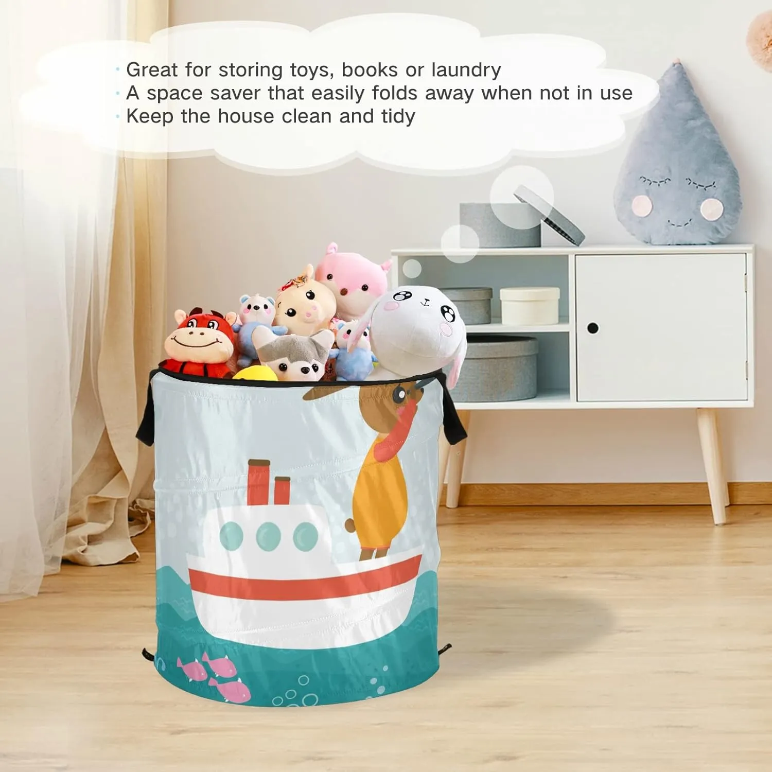 Poeticcity Rabbit Hare on Ship Dolphin Sea Turtle Fishes Octopus Ocean Pop Up Laundry Hamper, Collapsible Dirty Clothes Basket with Zipper Lid, Storage Bag Washing Bin for Room College Dorm Travel