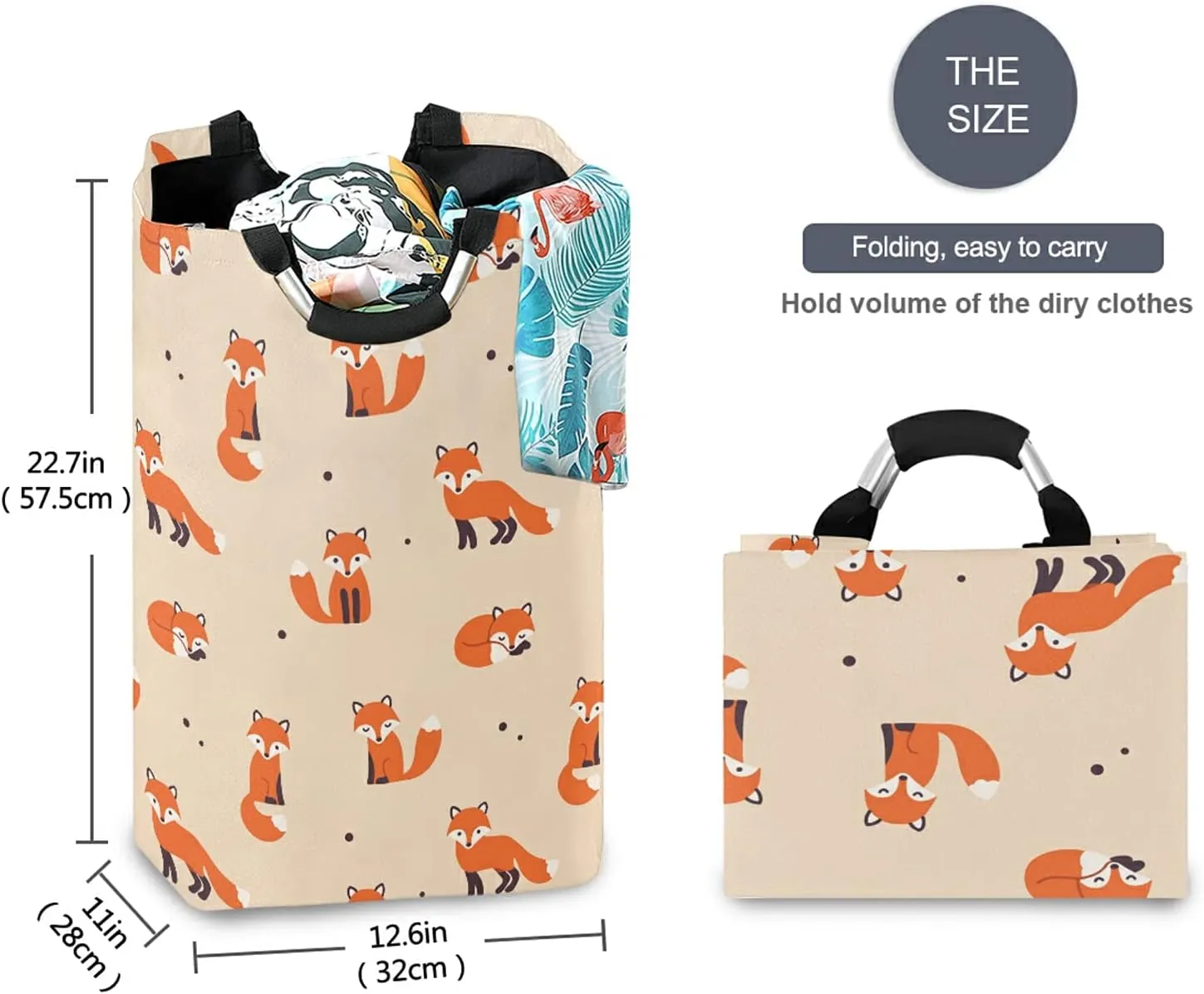 Poeticcity Seamless Orange Foxes on Light Orange Laundry Hamper Basket Bucket, Foldable Dirty Clothes Bag, Waterproof Fabric Washing Bin, Toy Storage with Handles for Bathroom