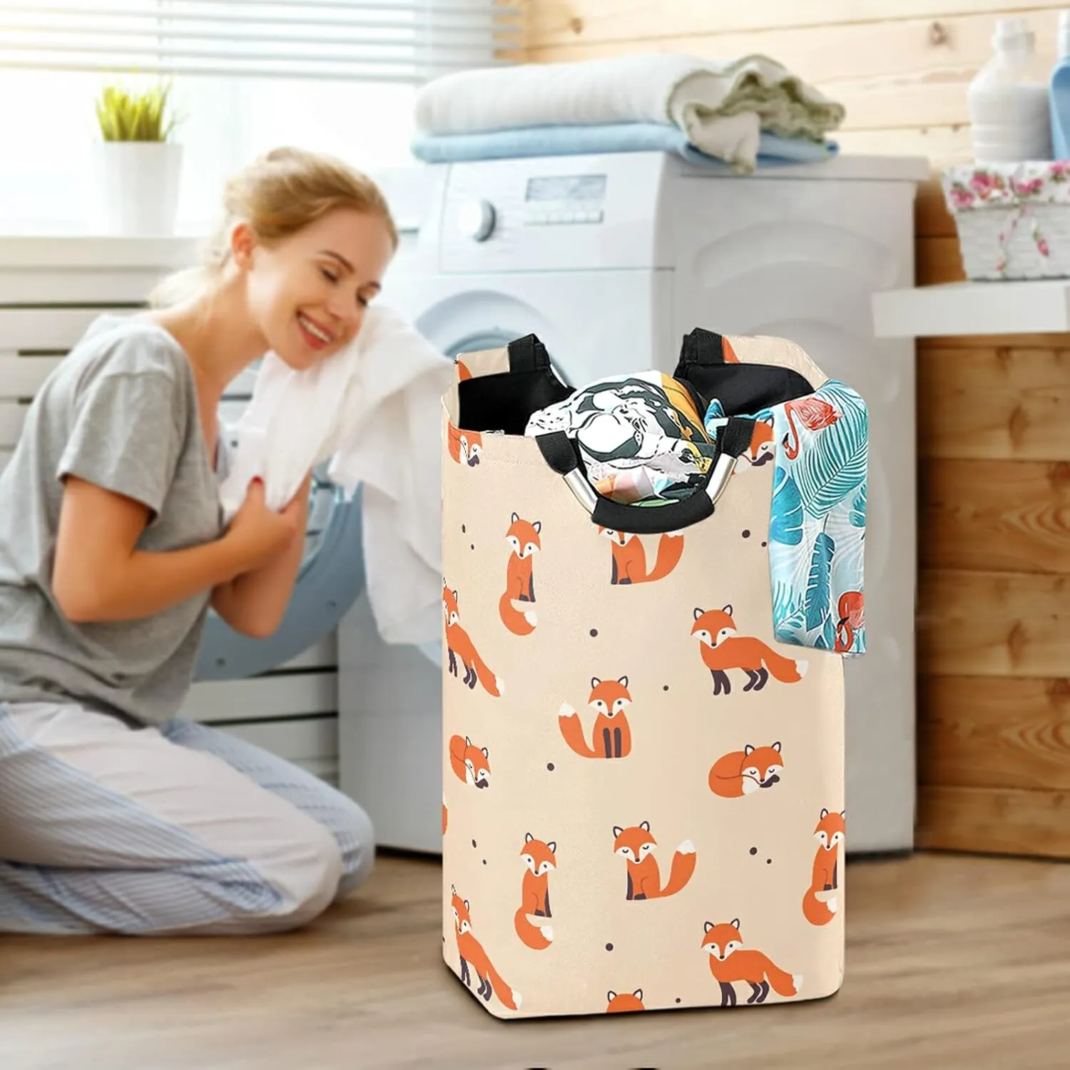 Poeticcity Seamless Orange Foxes on Light Orange Laundry Hamper Basket Bucket, Foldable Dirty Clothes Bag, Waterproof Fabric Washing Bin, Toy Storage with Handles for Bathroom