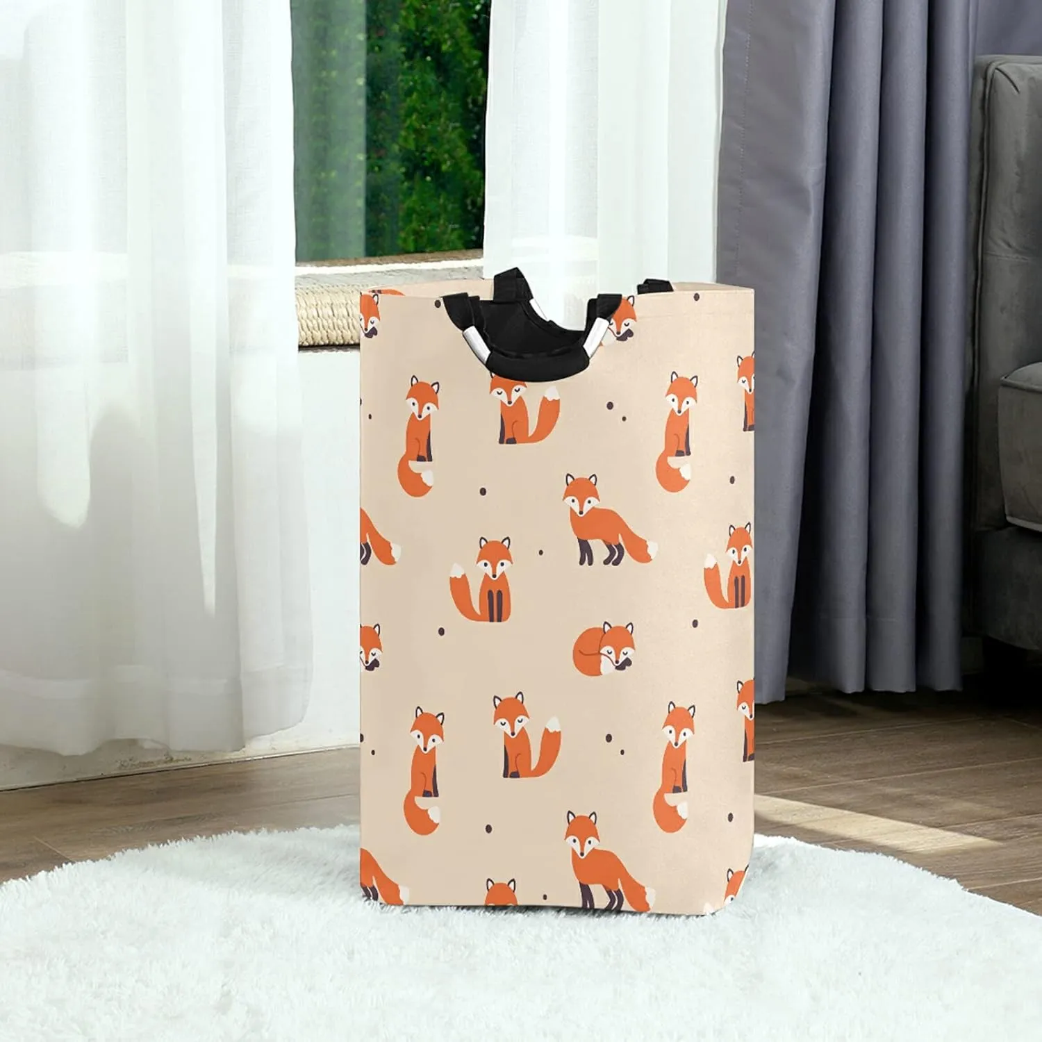 Poeticcity Seamless Orange Foxes on Light Orange Laundry Hamper Basket Bucket, Foldable Dirty Clothes Bag, Waterproof Fabric Washing Bin, Toy Storage with Handles for Bathroom