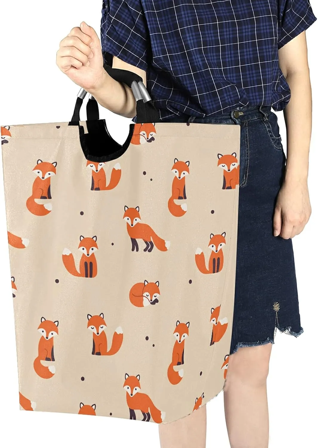 Poeticcity Seamless Orange Foxes on Light Orange Laundry Hamper Basket Bucket, Foldable Dirty Clothes Bag, Waterproof Fabric Washing Bin, Toy Storage with Handles for Bathroom