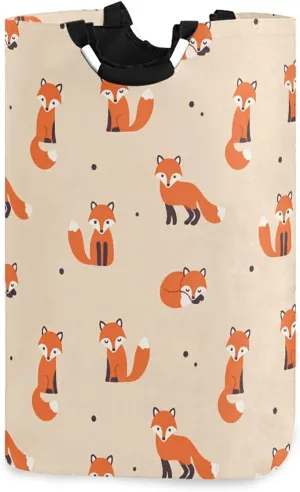 Poeticcity Seamless Orange Foxes on Light Orange Laundry Hamper Basket Bucket, Foldable Dirty Clothes Bag, Waterproof Fabric Washing Bin, Toy Storage with Handles for Bathroom