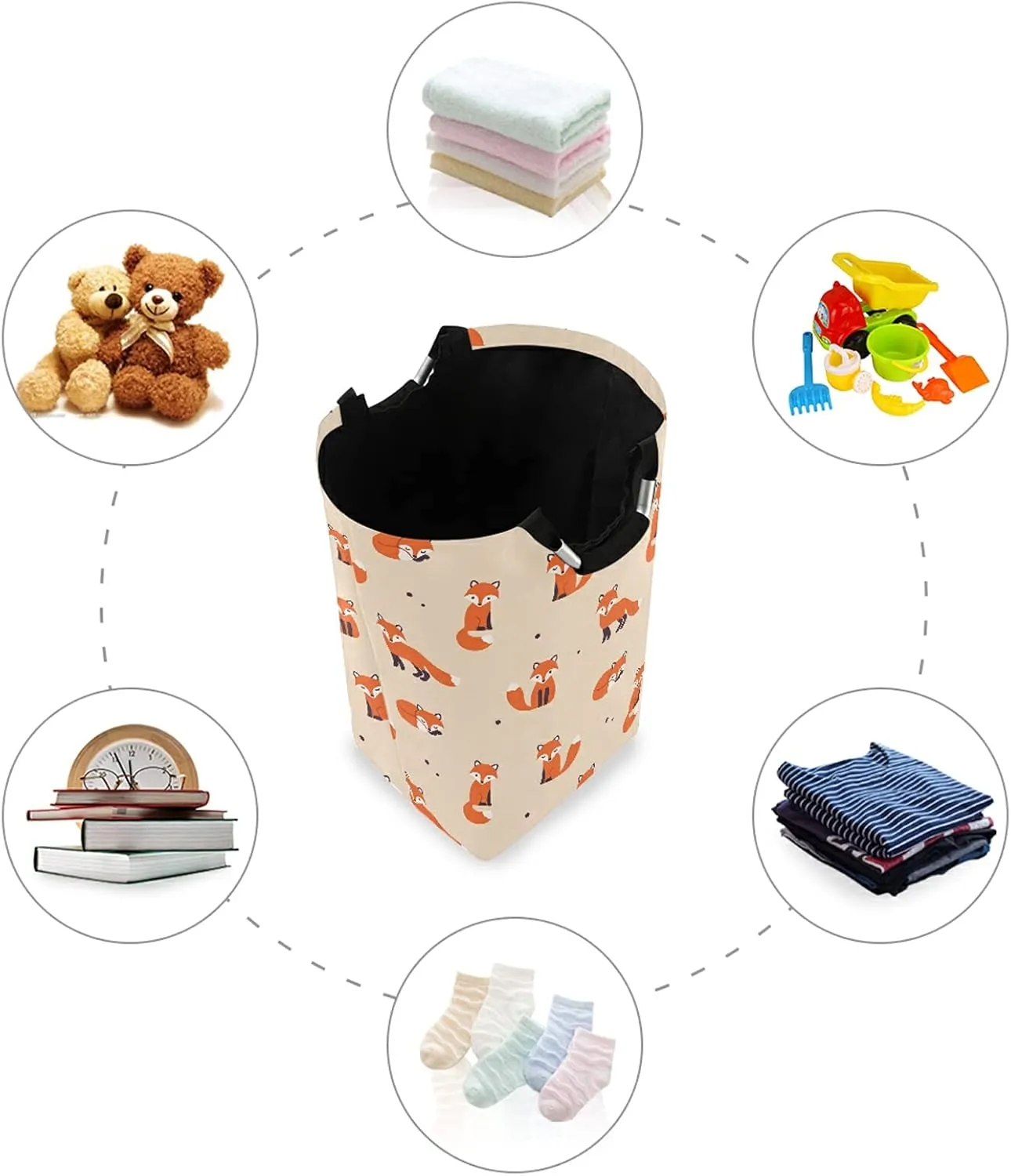 Poeticcity Seamless Orange Foxes on Light Orange Laundry Hamper Basket Bucket, Foldable Dirty Clothes Bag, Waterproof Fabric Washing Bin, Toy Storage with Handles for Bathroom