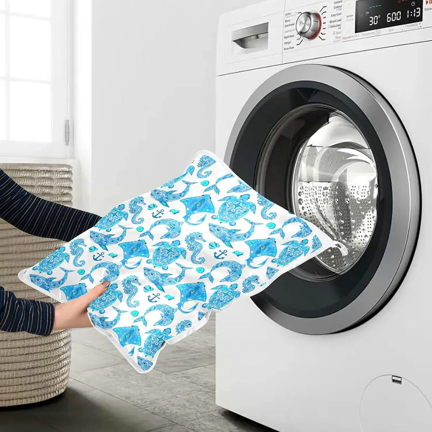 Poeticcity Turquoise Marine Animals, Sea Turtle, Dolphin, Sea Horse on White 2 Pack Polyester Reusable Machine Washable Mesh Laundry Bags, Travel Dirty Bag for Bra, Socks, Shoes on Home Camp Trip