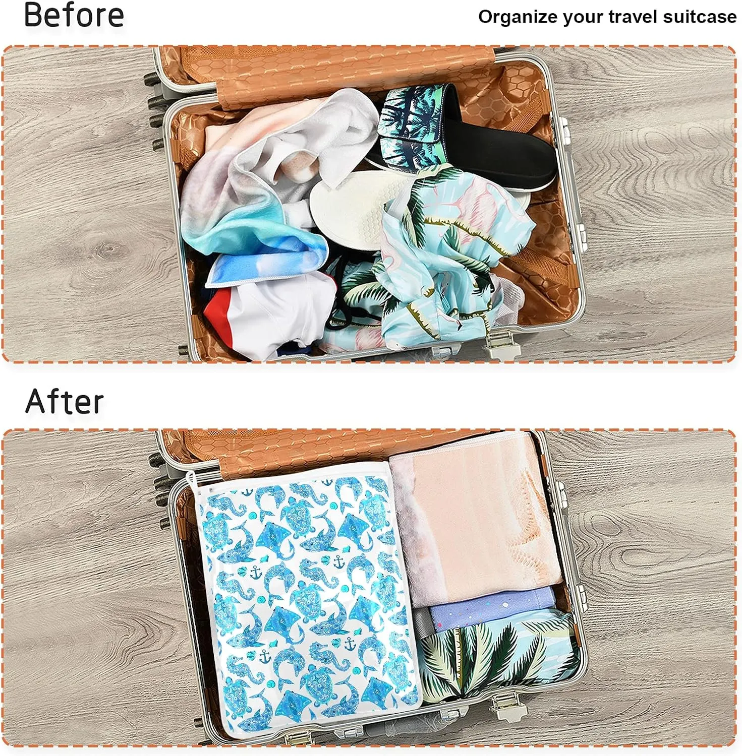 Poeticcity Turquoise Marine Animals, Sea Turtle, Dolphin, Sea Horse on White 2 Pack Polyester Reusable Machine Washable Mesh Laundry Bags, Travel Dirty Bag for Bra, Socks, Shoes on Home Camp Trip