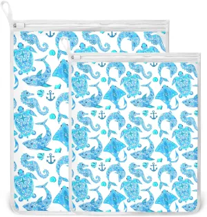 Poeticcity Turquoise Marine Animals, Sea Turtle, Dolphin, Sea Horse on White 2 Pack Polyester Reusable Machine Washable Mesh Laundry Bags, Travel Dirty Bag for Bra, Socks, Shoes on Home Camp Trip