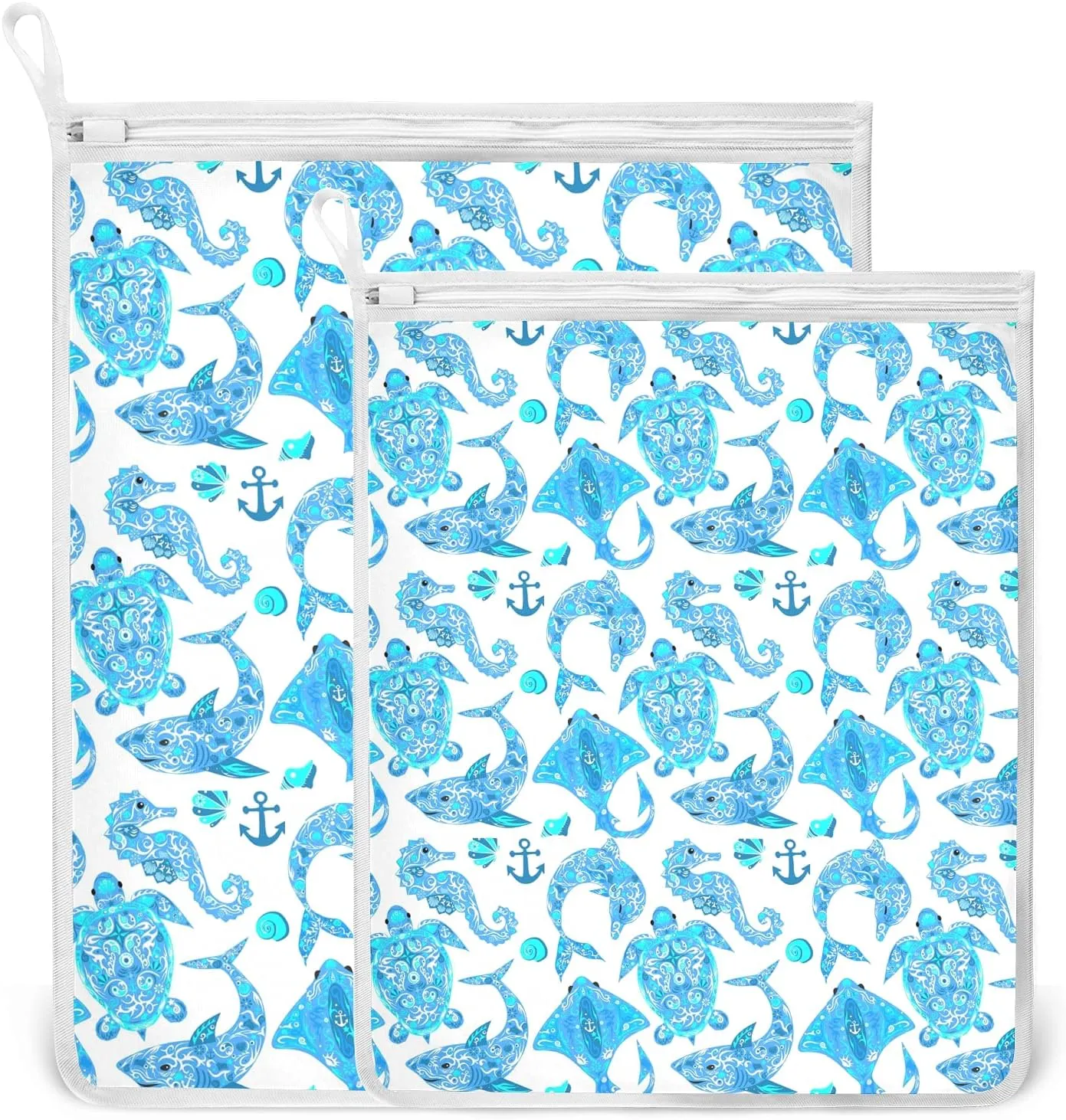 Poeticcity Turquoise Marine Animals, Sea Turtle, Dolphin, Sea Horse on White 2 Pack Polyester Reusable Machine Washable Mesh Laundry Bags, Travel Dirty Bag for Bra, Socks, Shoes on Home Camp Trip