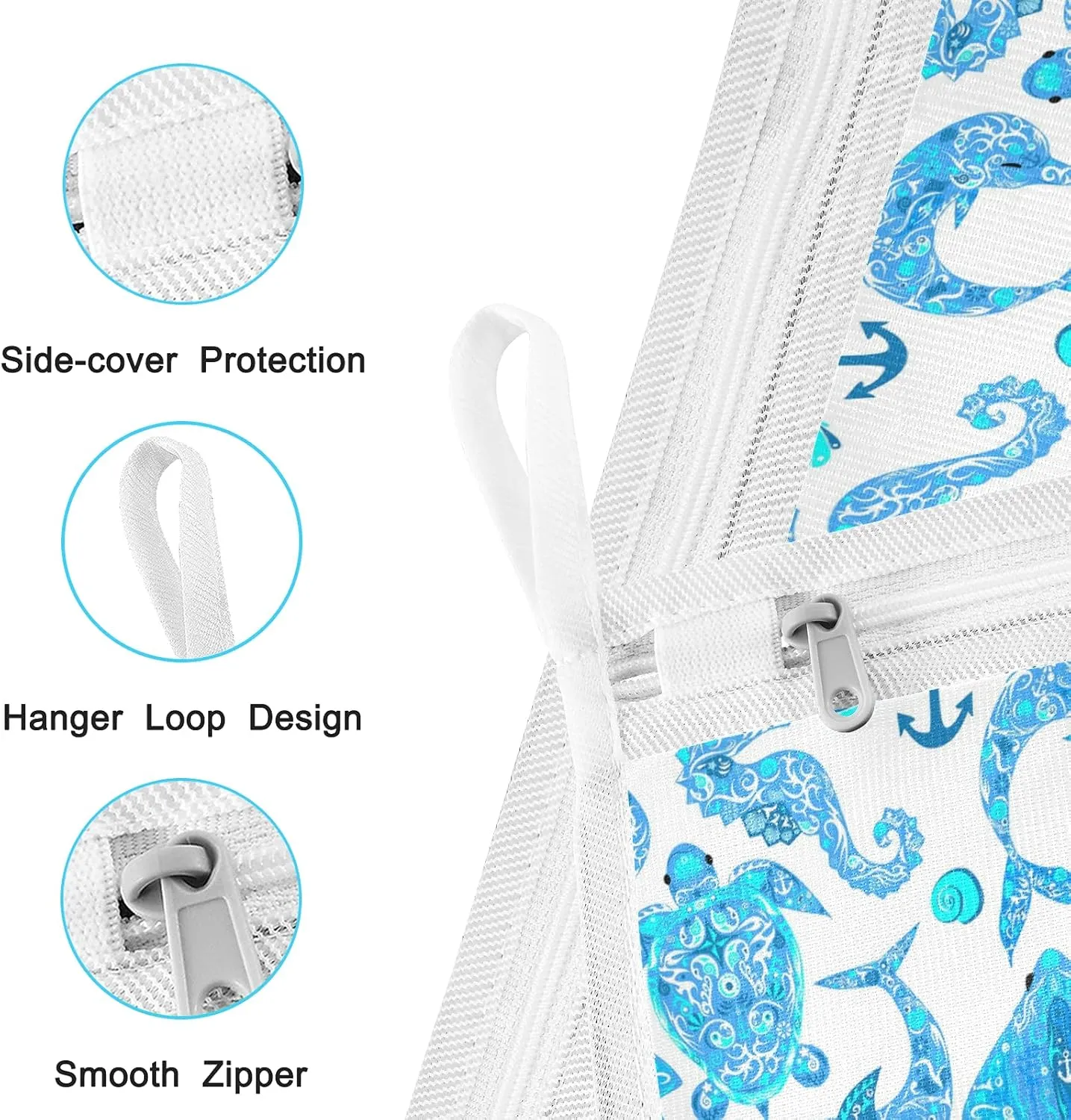 Poeticcity Turquoise Marine Animals, Sea Turtle, Dolphin, Sea Horse on White 2 Pack Polyester Reusable Machine Washable Mesh Laundry Bags, Travel Dirty Bag for Bra, Socks, Shoes on Home Camp Trip