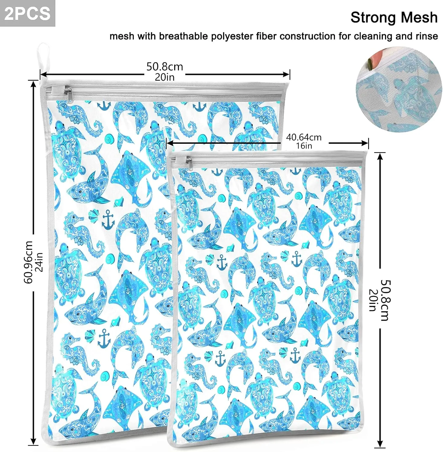 Poeticcity Turquoise Marine Animals, Sea Turtle, Dolphin, Sea Horse on White 2 Pack Polyester Reusable Machine Washable Mesh Laundry Bags, Travel Dirty Bag for Bra, Socks, Shoes on Home Camp Trip