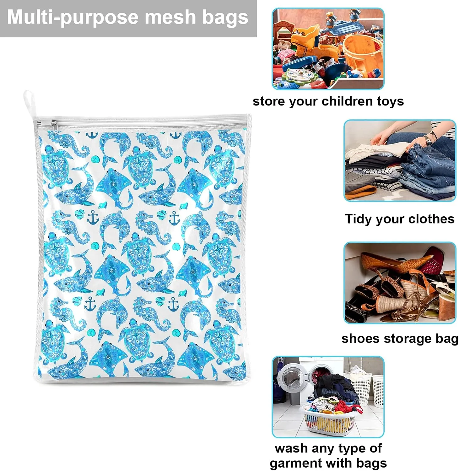 Poeticcity Turquoise Marine Animals, Sea Turtle, Dolphin, Sea Horse on White 2 Pack Polyester Reusable Machine Washable Mesh Laundry Bags, Travel Dirty Bag for Bra, Socks, Shoes on Home Camp Trip