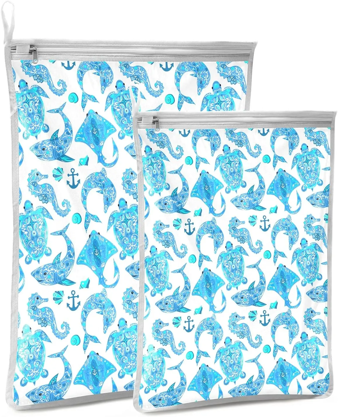 Poeticcity Turquoise Marine Animals, Sea Turtle, Dolphin, Sea Horse on White 2 Pack Polyester Reusable Machine Washable Mesh Laundry Bags, Travel Dirty Bag for Bra, Socks, Shoes on Home Camp Trip