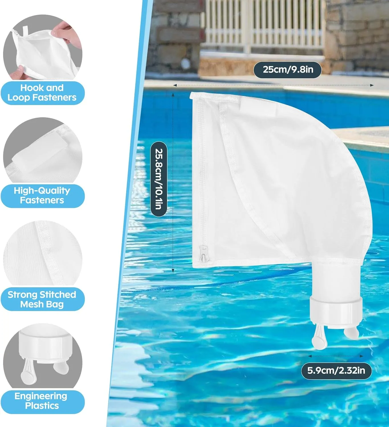 Pool Cleaner Bags Mesh Bag, Replacement Pool Sweep Bags Leaf Bag with Zipper, All-Purpose Pool Net Bags for Cleaning Fits Pool Vacuums for Leaves, Sand (3 Pack, Plastic Ring)