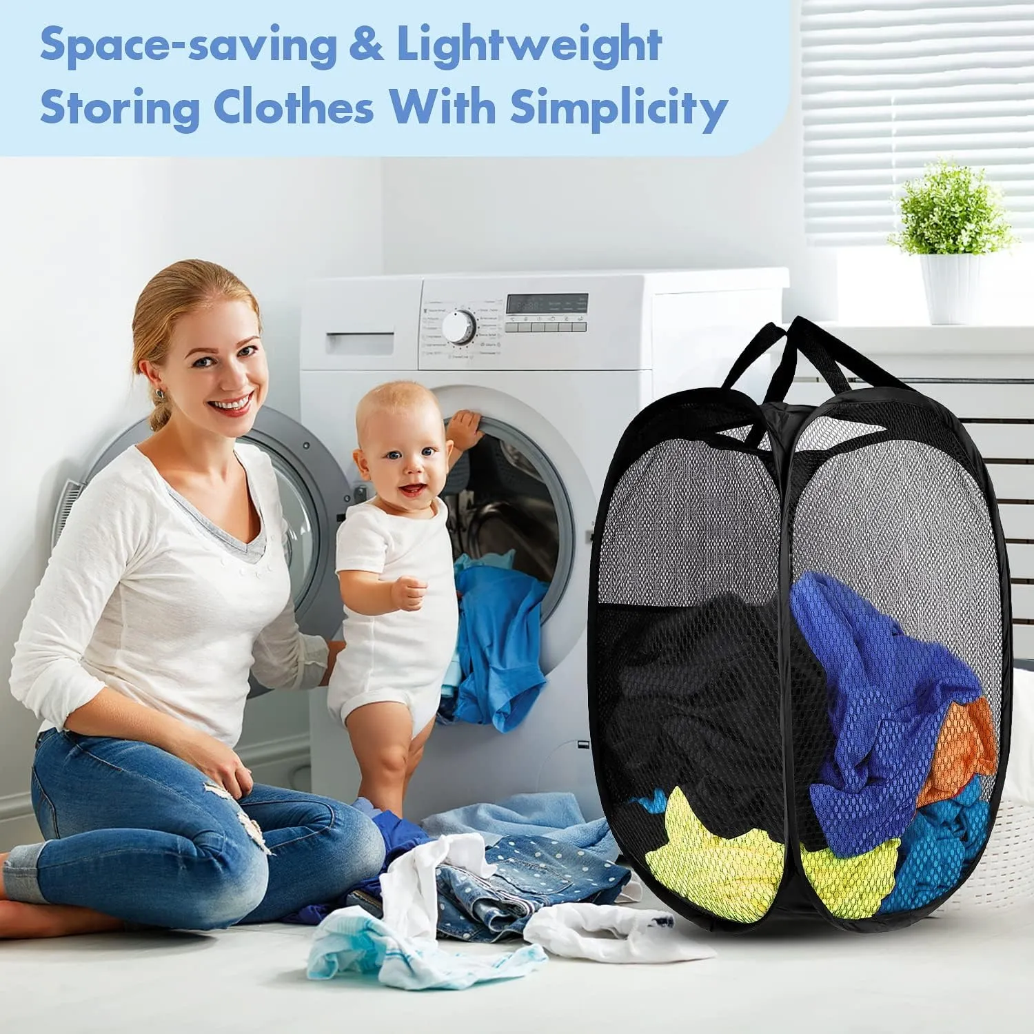 Pop Up Hamper, 2 PCS Mesh Pop Up Laundry Hamper, Foldable Mesh Laundry Basket with Space-Saving Design for Home, Dorm, Travel & Storage - Black