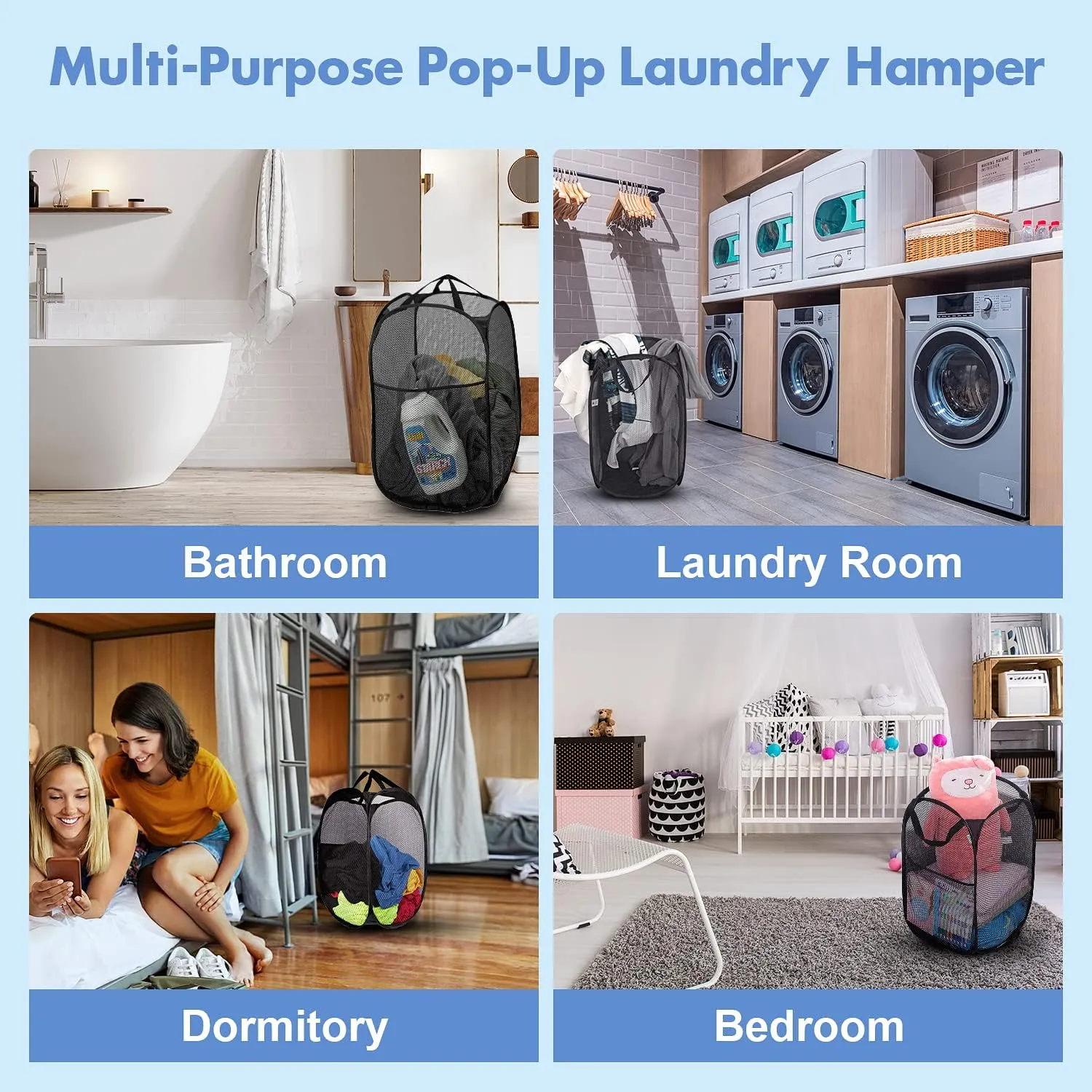 Pop Up Hamper, 2 PCS Mesh Pop Up Laundry Hamper, Foldable Mesh Laundry Basket with Space-Saving Design for Home, Dorm, Travel & Storage - Black