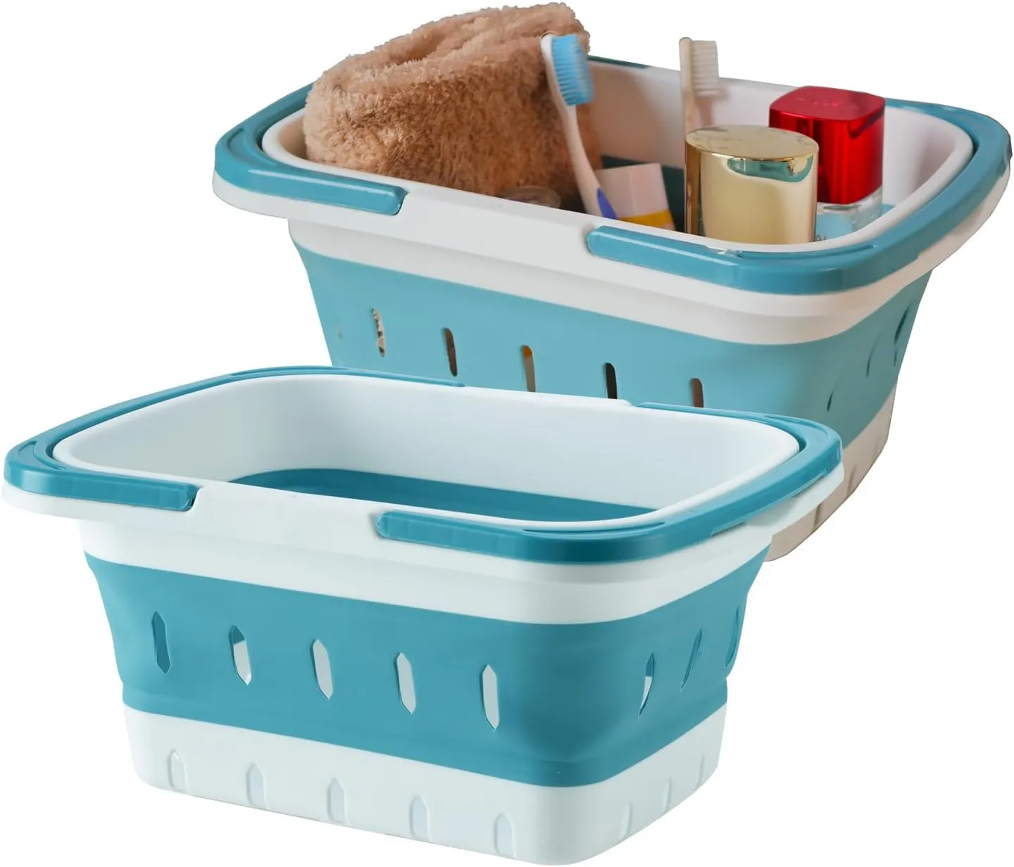 Portable Folding Plastic Bath Caddy with Handle, Perforated, Travel Bathroom Organizer for Bedroom, Bathroom, Shower, Dorm Room, Camping and RV Use (Blue, 2 pack)