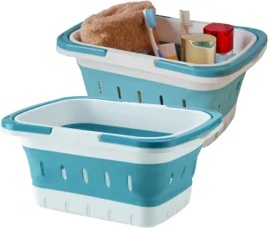 Portable Folding Plastic Bath Caddy with Handle, Perforated, Travel Bathroom Organizer for Bedroom, Bathroom, Shower, Dorm Room, Camping and RV Use (Blue, 2 pack)