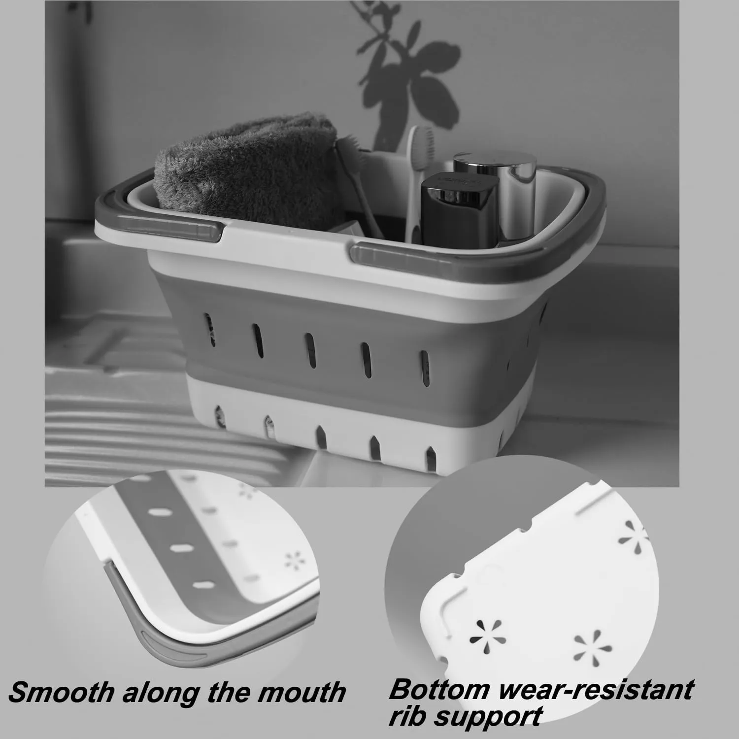 Portable Folding Plastic Bath Caddy with Handle, Perforated, Travel Bathroom Organizer for Bedroom, Bathroom, Shower, Dorm Room, Camping and RV Use (Grey, 2 pack)