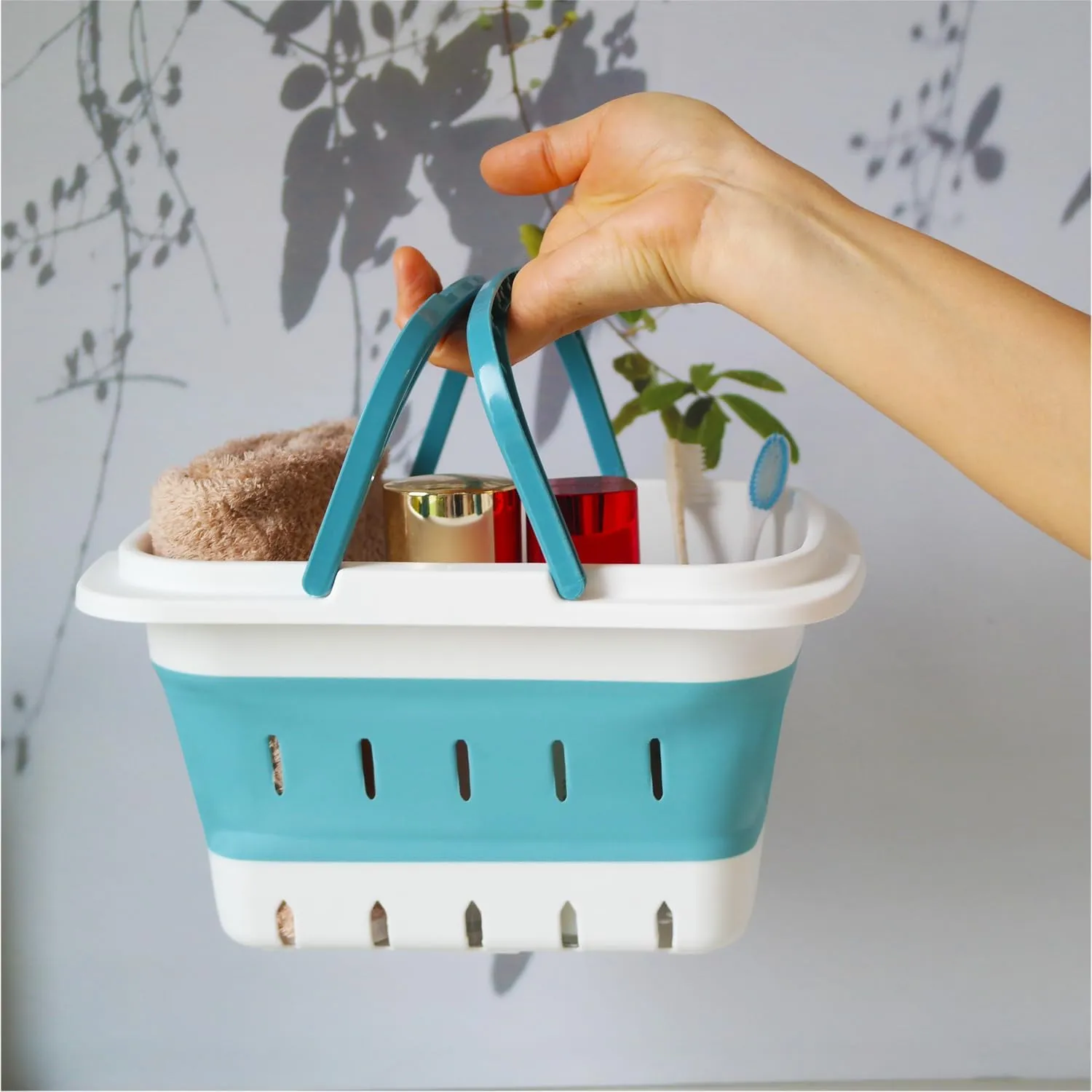 Portable Folding Plastic Bath Caddy with Handle, Perforated, Travel Bathroom Organizer for Bedroom, Bathroom, Shower, Dorm Room, Camping and RV Use (Grey, 2 pack)