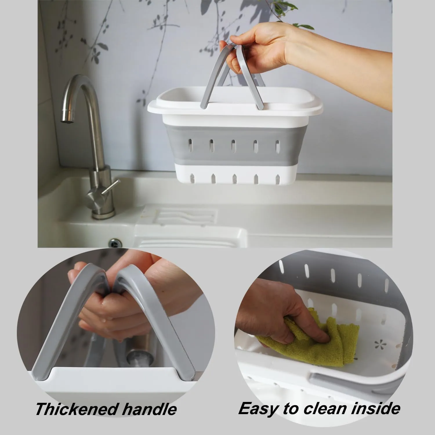 Portable Folding Plastic Bath Caddy with Handle, Perforated, Travel Bathroom Organizer for Bedroom, Bathroom, Shower, Dorm Room, Camping and RV Use (Grey/Blue, 2 pack)