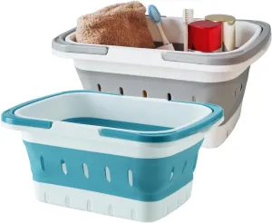 Portable Folding Plastic Bath Caddy with Handle, Perforated, Travel Bathroom Organizer for Bedroom, Bathroom, Shower, Dorm Room, Camping and RV Use (Grey/Blue, 2 pack)