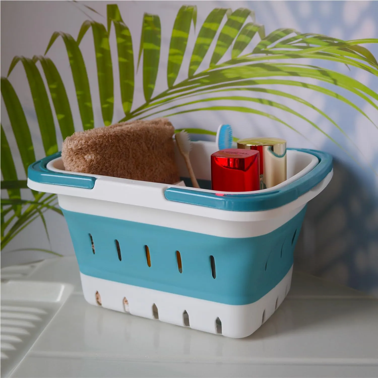 Portable Folding Plastic Bath Caddy with Handle, Perforated, Travel Bathroom Organizer for Bedroom, Bathroom, Shower, Dorm Room, Camping and RV Use (Grey/Blue, 2 pack)