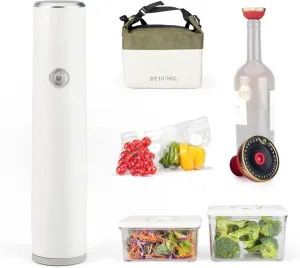 Portable Handheld Vacuum Sealer,Includes 5pcs Reusable Food Saver Bags, 2 Sizes Crisper Boxes, Date Markable Wine Stopper, Camping, Travel, Lunch Bag, Gift Card