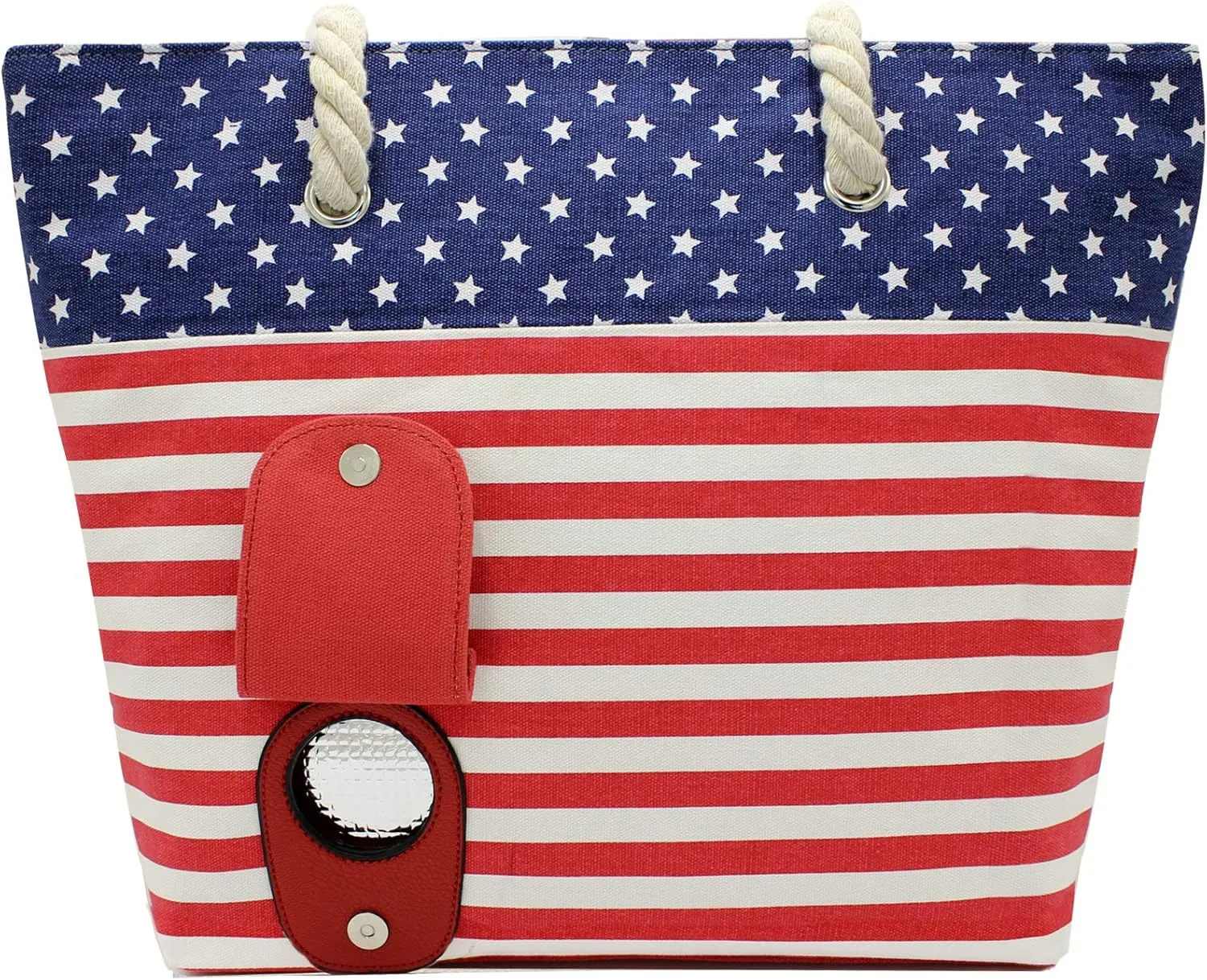 PortoVino Wine Purse with Hidden Spout - Canvas Drink Tote Bag with Secret Flask Dispenser - Holds 2 Bottles of Wine - Ideal Insulated Alcohol Travel Bag for Beach, Parties, USA Flag Design