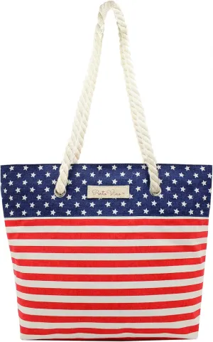 PortoVino Wine Purse with Hidden Spout - Canvas Drink Tote Bag with Secret Flask Dispenser - Holds 2 Bottles of Wine - Ideal Insulated Alcohol Travel Bag for Beach, Parties, USA Flag Design