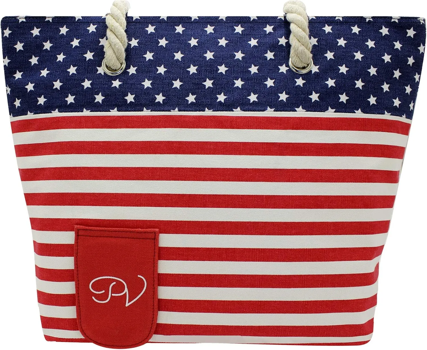 PortoVino Wine Purse with Hidden Spout - Canvas Drink Tote Bag with Secret Flask Dispenser - Holds 2 Bottles of Wine - Ideal Insulated Alcohol Travel Bag for Beach, Parties, USA Flag Design
