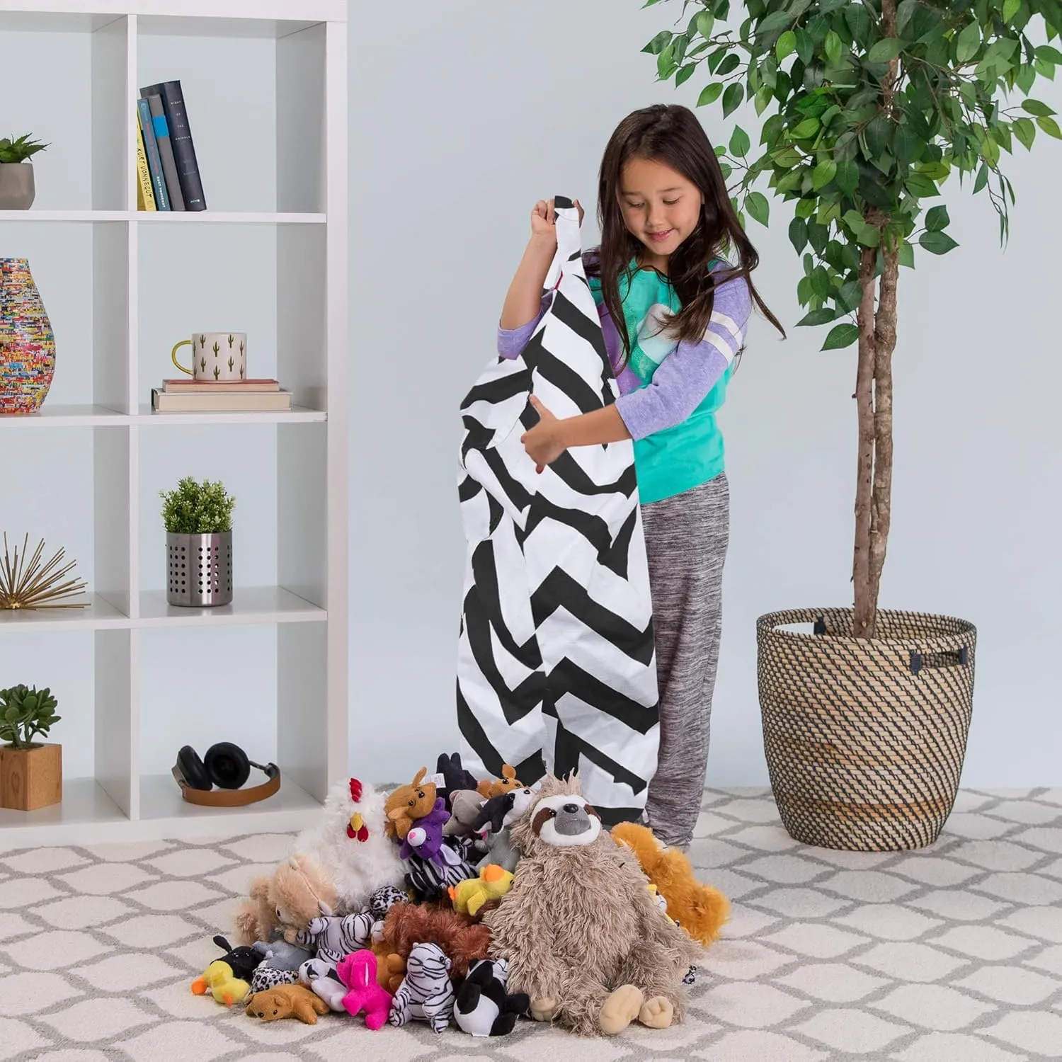 Posh Creations Kids Stuffed Animal Storage Bean Bag Chair Cover - Childrens Toy Organizer, Large-38in, Canvas Chevron Black and White