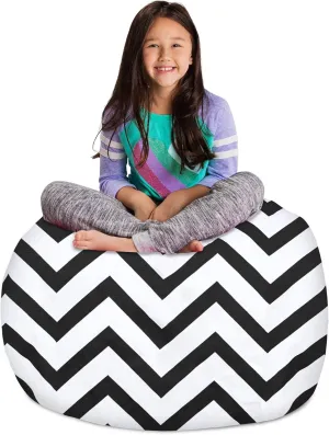Posh Creations Kids Stuffed Animal Storage Bean Bag Chair Cover - Childrens Toy Organizer, Large-38in, Canvas Chevron Black and White