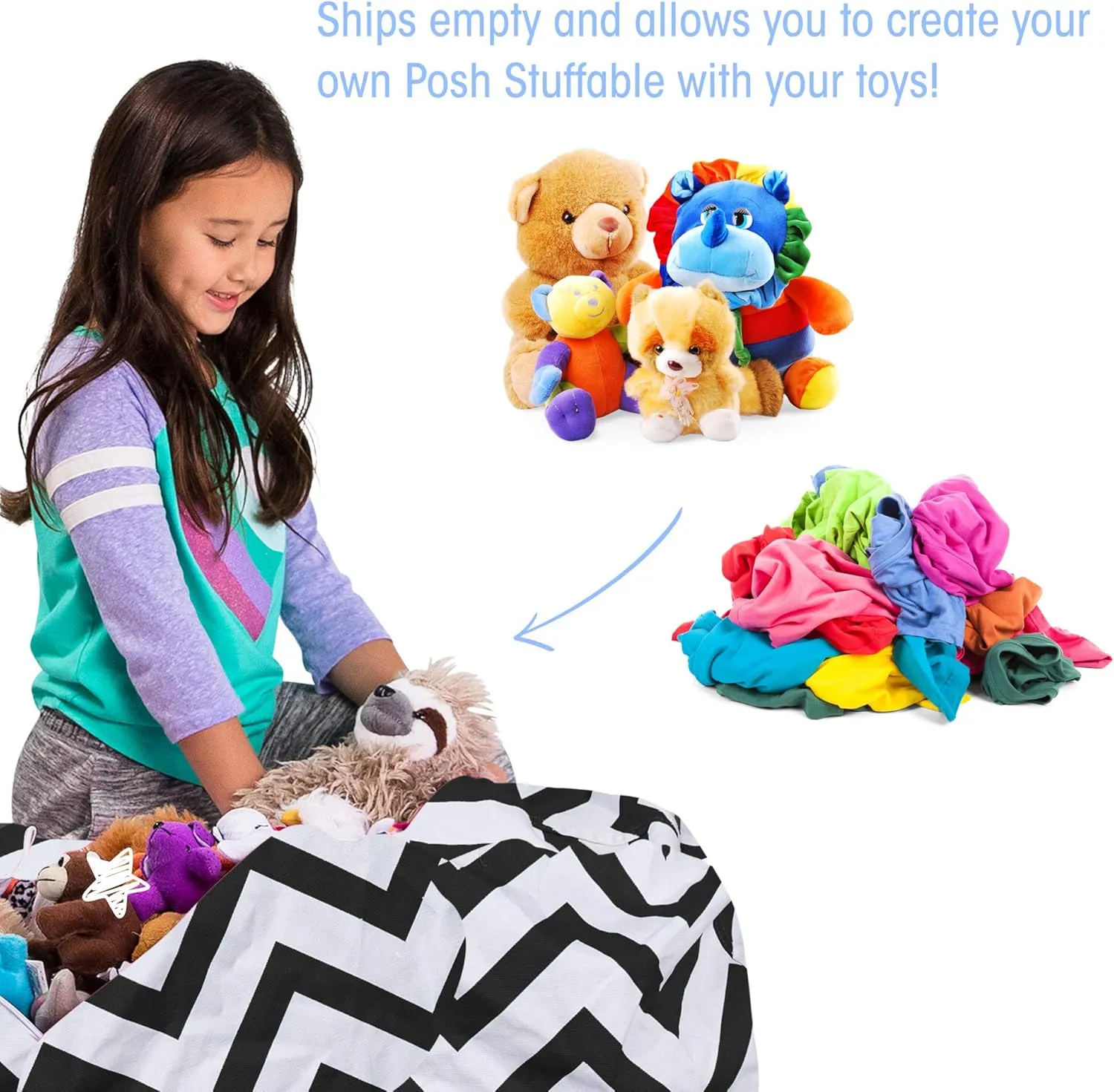 Posh Creations Kids Stuffed Animal Storage Bean Bag Chair Cover - Childrens Toy Organizer, Large-38in, Canvas Chevron Black and White