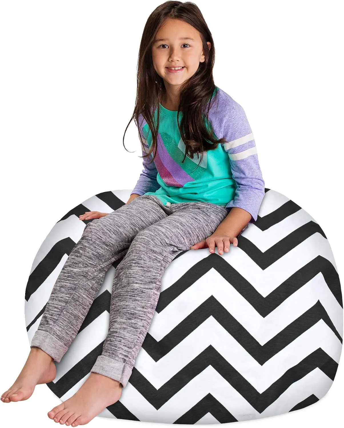 Posh Creations Kids Stuffed Animal Storage Bean Bag Chair Cover - Childrens Toy Organizer, Large-38in, Canvas Chevron Black and White