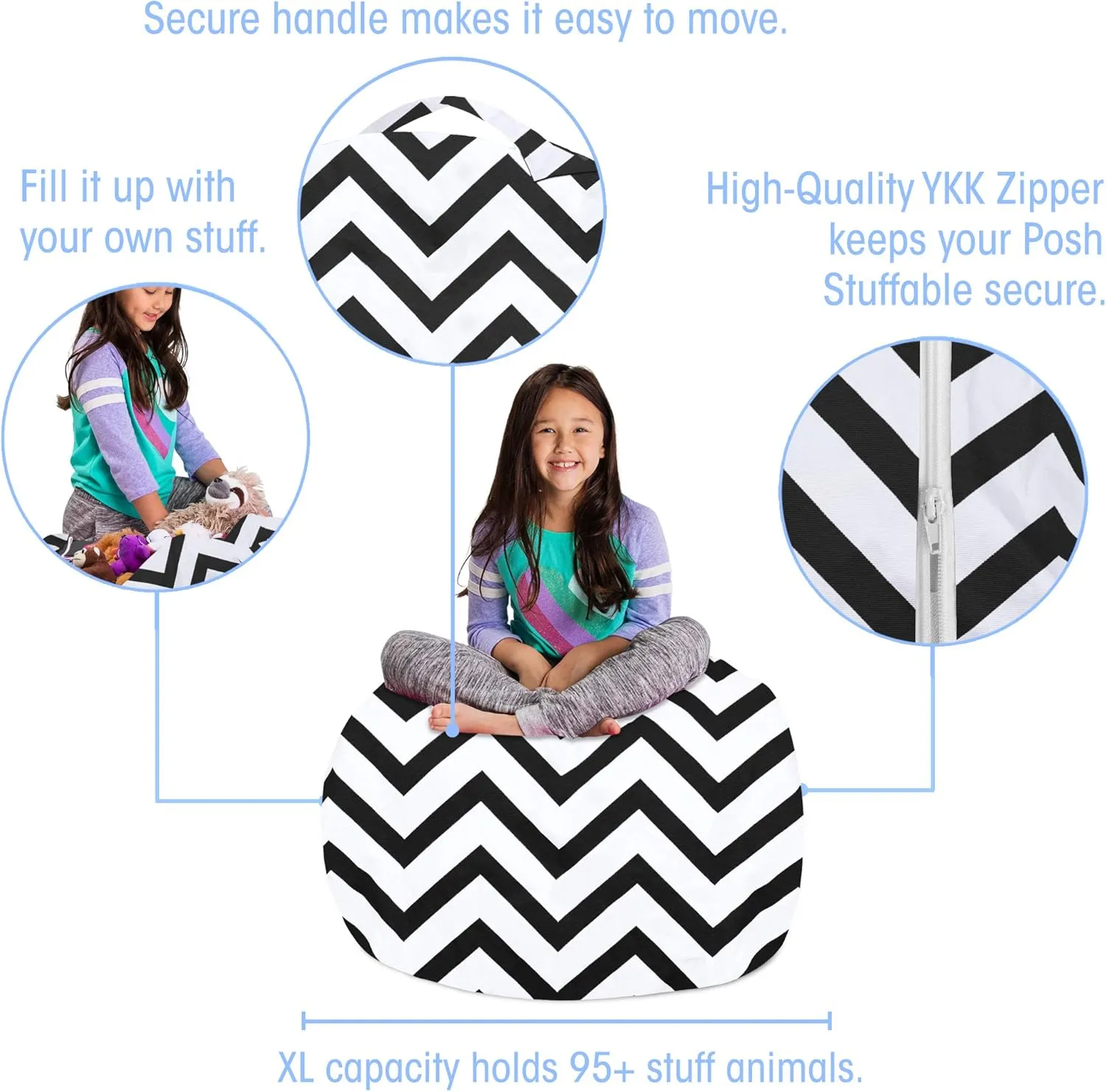 Posh Creations Kids Stuffed Animal Storage Bean Bag Chair Cover - Childrens Toy Organizer, Large-38in, Canvas Chevron Black and White