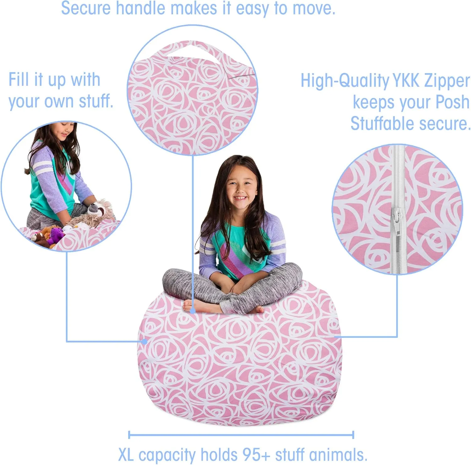 Posh Creations Kids Stuffed Animal Storage Bean Bag Chair Cover - Childrens Toy Organizer, Large-38in, Canvas Roses Pink