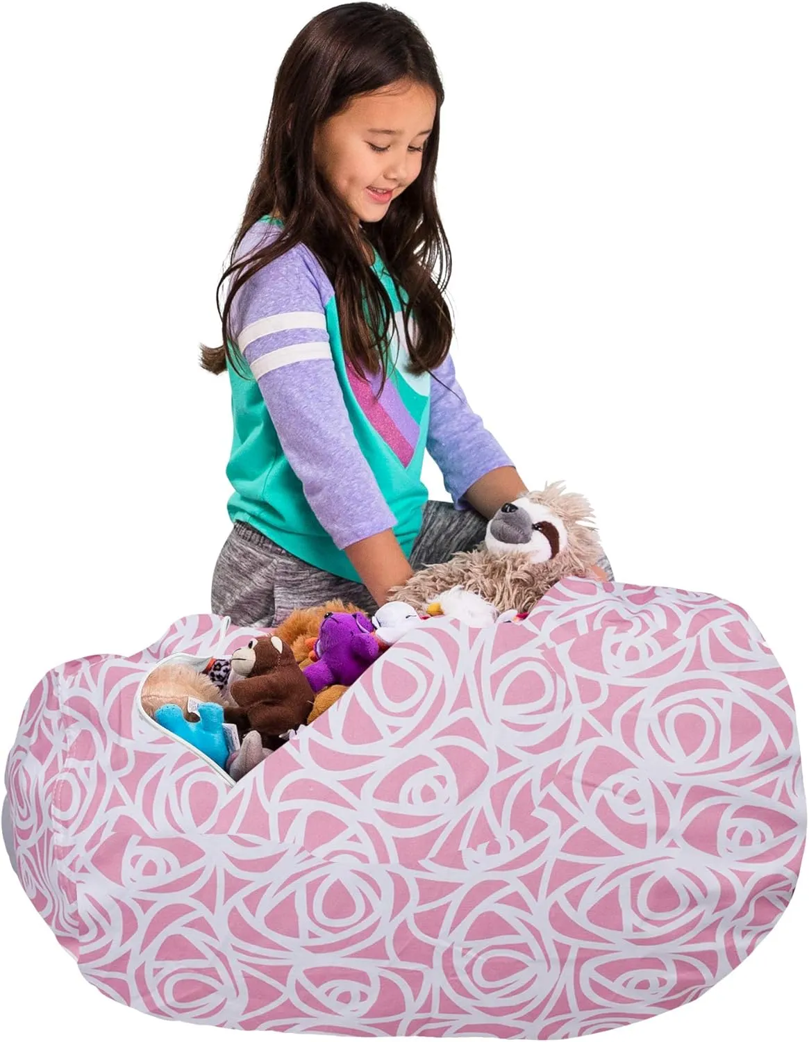 Posh Creations Kids Stuffed Animal Storage Bean Bag Chair Cover - Childrens Toy Organizer, Large-38in, Canvas Roses Pink