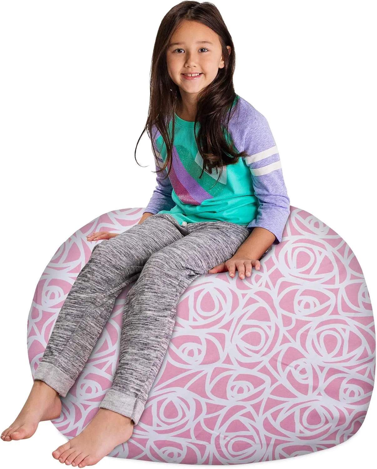Posh Creations Kids Stuffed Animal Storage Bean Bag Chair Cover - Childrens Toy Organizer, Large-38in, Canvas Roses Pink