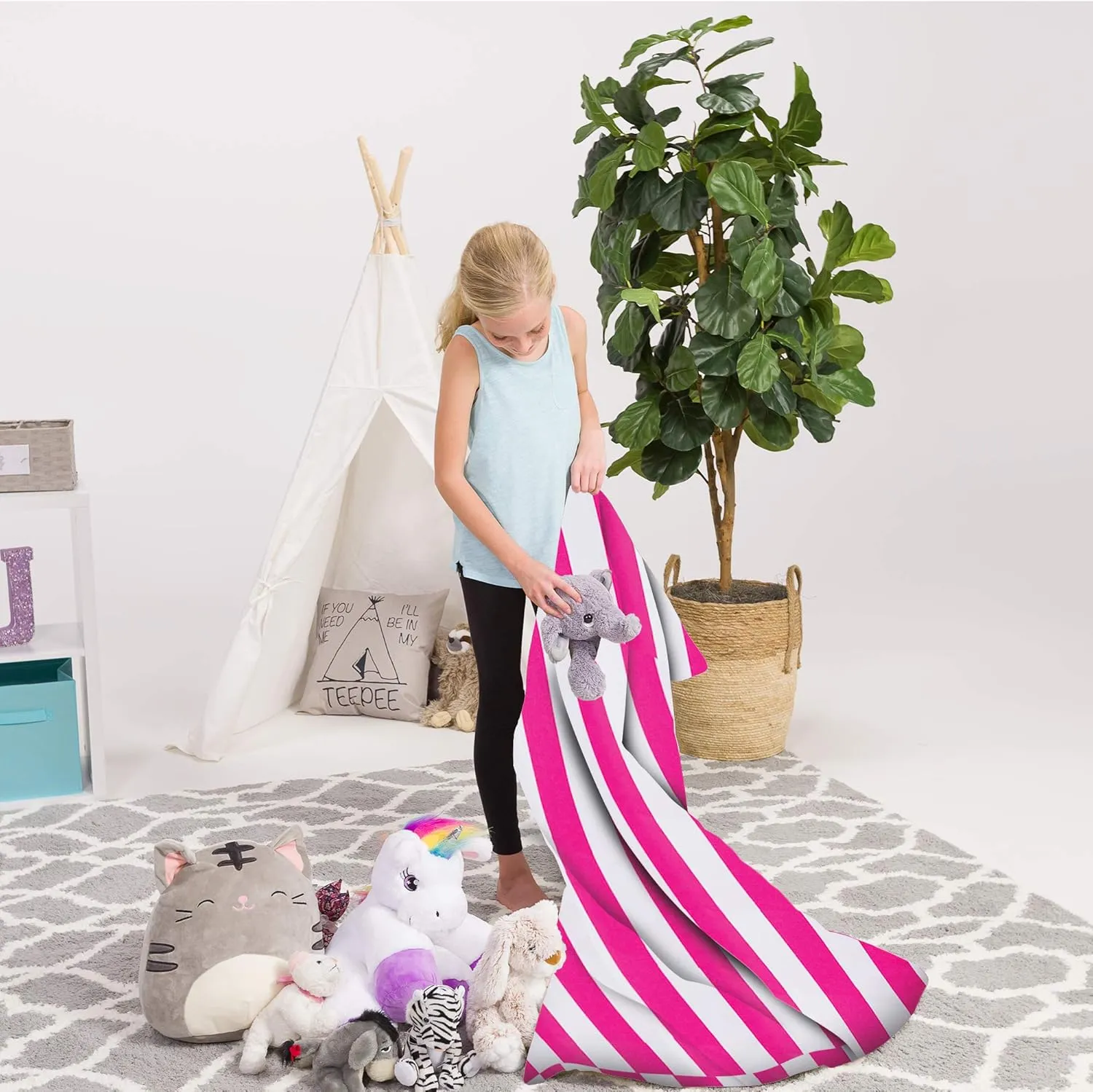 Posh Creations Stuffed Animal Storage Bean Bag Chair Kids, Teens and Adults-Stuffie Seat Cover ONLY, 200L-Large, Canvas Stripes Pink and White