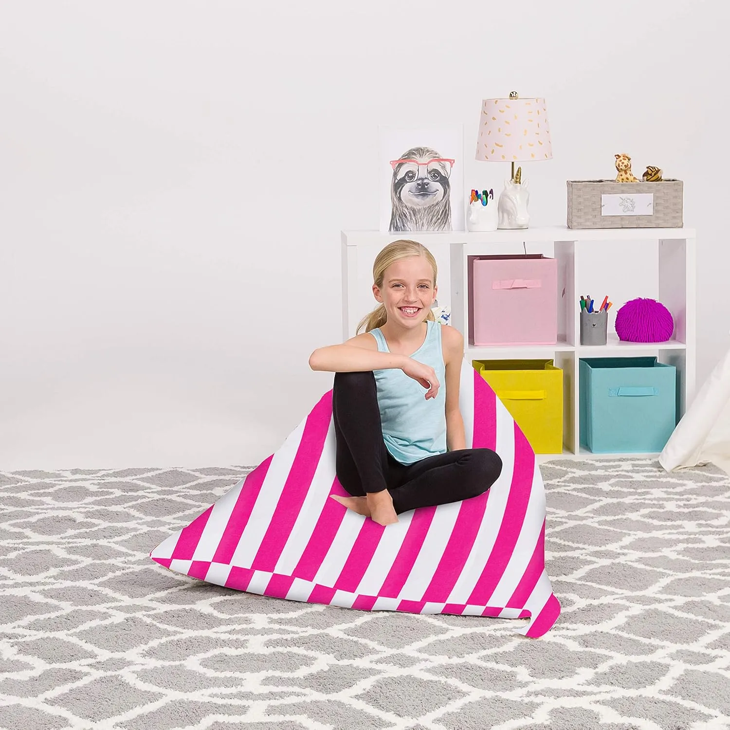 Posh Creations Stuffed Animal Storage Bean Bag Chair Kids, Teens and Adults-Stuffie Seat Cover ONLY, 200L-Large, Canvas Stripes Pink and White
