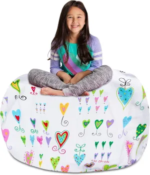 Posh Stuffable Kids Stuffed Animal Storage Bean Bag Chair Cover - Childrens Toy Organizer, X-Large-48 - Canvas Multi-Colored Hearts on White