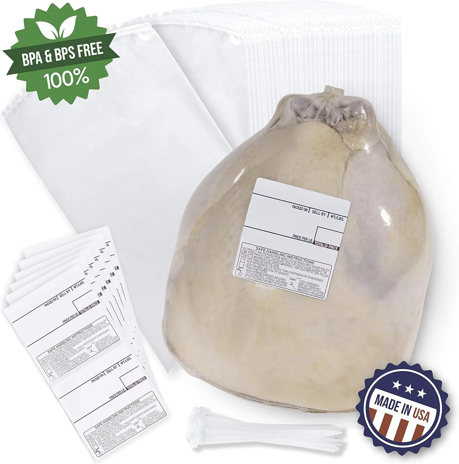 Poultry Shrink Bags 12"x16" Zip Ties and Labels, BPA/BPS Free, 3mil, MADE IN USA (100)