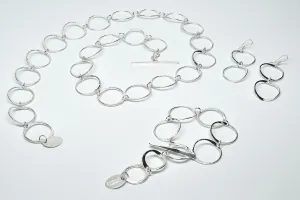 Pounded Sterling Silver Loop Set of Bracelet, Earrings and 30" Necklace