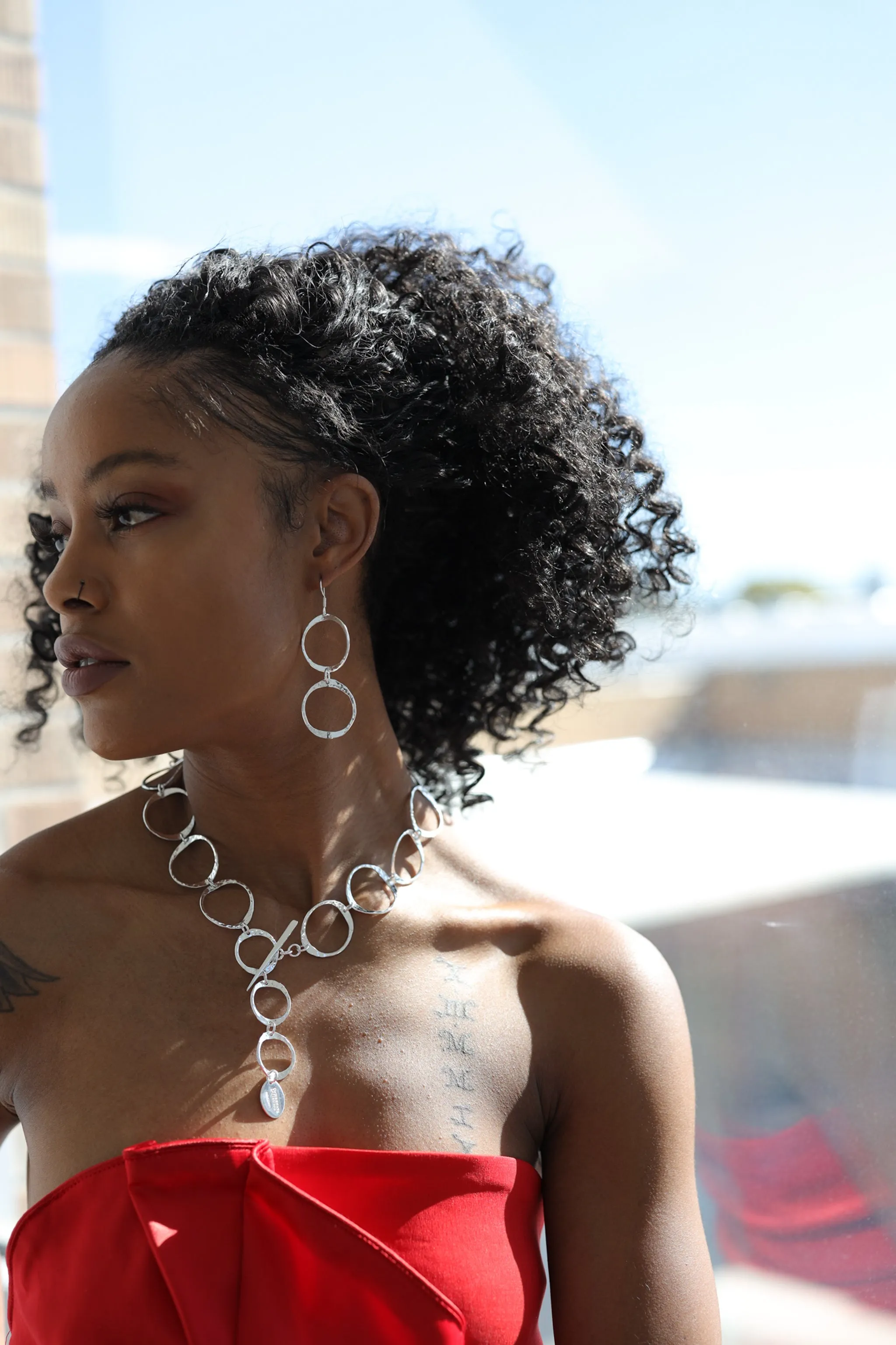 Pounded Sterling Silver Loop Set of Bracelet, Earrings and 30" Necklace