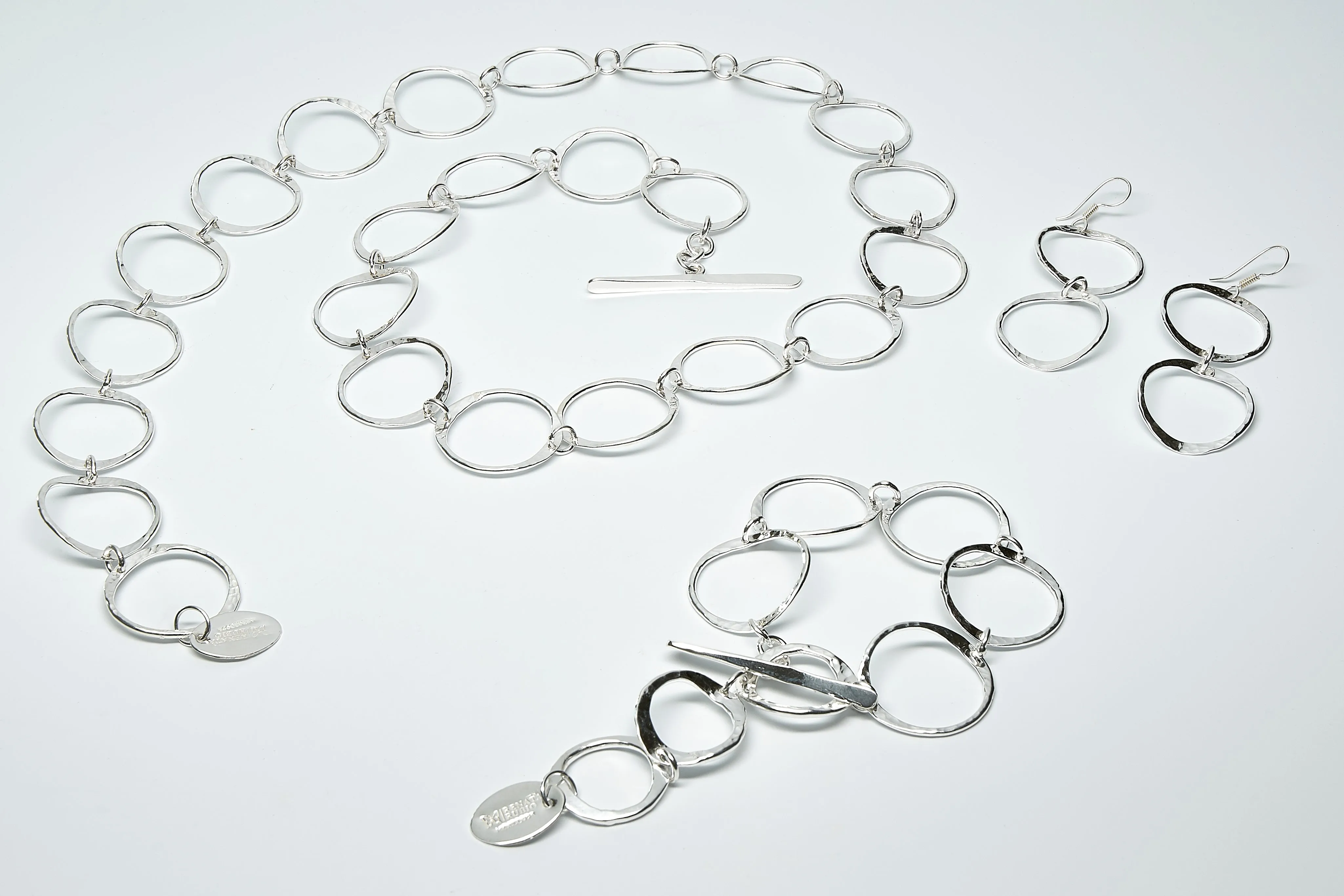 Pounded Sterling Silver Loop Set of Bracelet, Earrings and 30" Necklace
